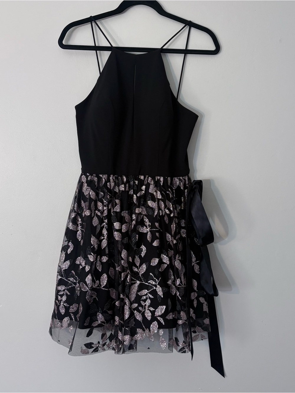 Black Halter Party Dress with Silver Leaf Skirt